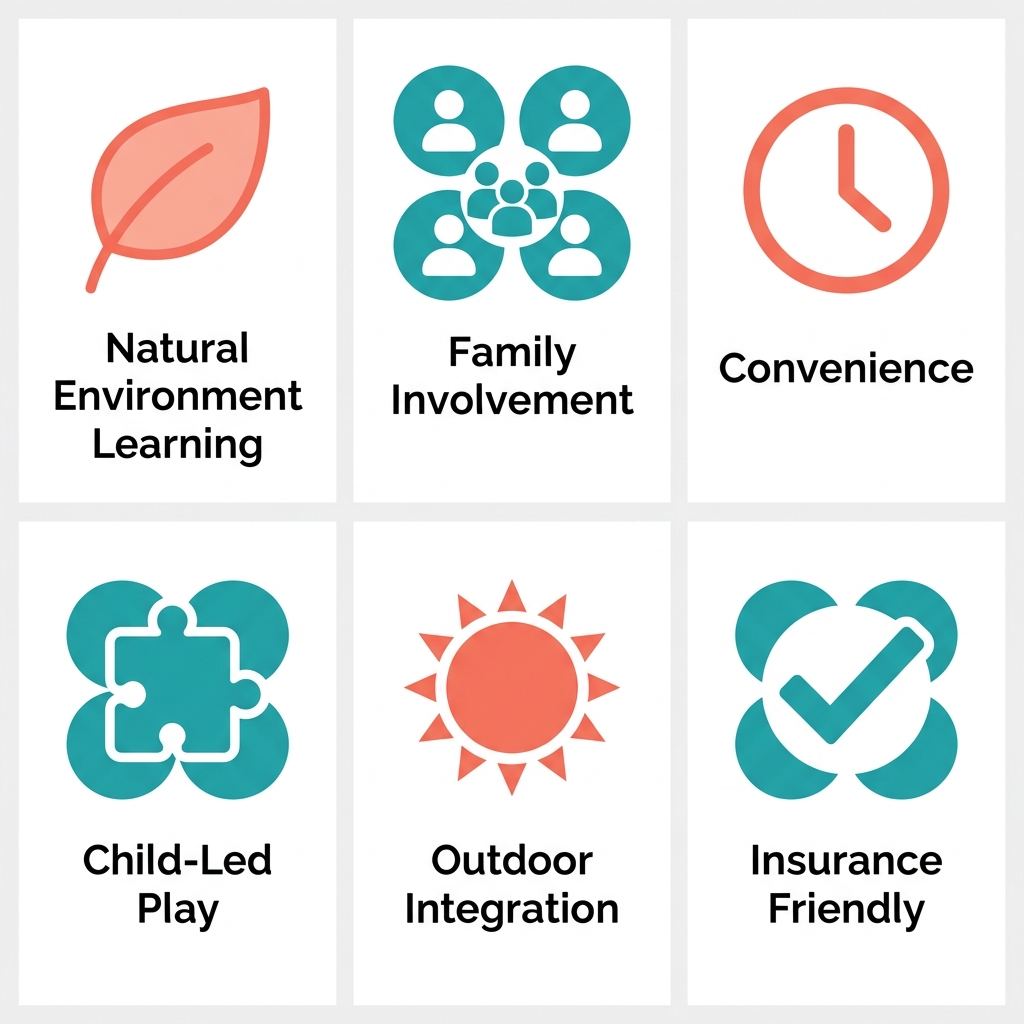 Icon set showing benefits of in-home ABA therapy for Greensboro families, including natural environment learning, family involvement, convenience, child-led play, outdoor integration, and insurance friendly