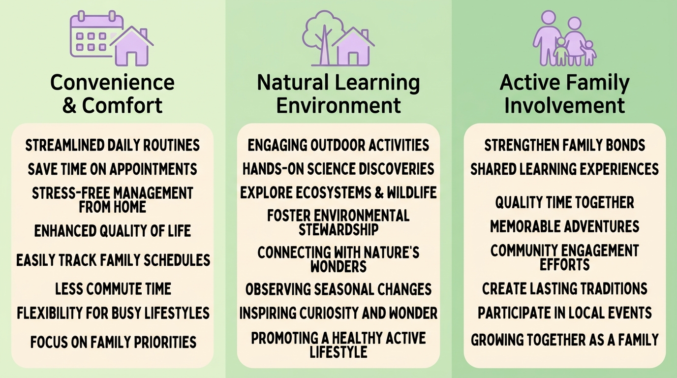 Three-column infographic showing convenience, natural learning environment, and family involvement for in-home ABA therapy in Greensboro, North Carolina