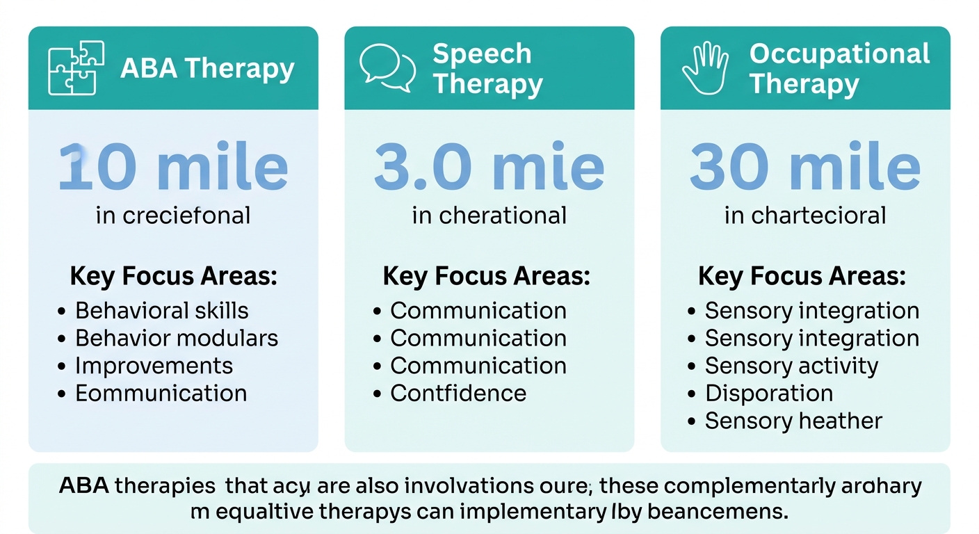 Comparison infographic showing three columns for ABA Therapy, Speech Therapy, and Occupational Therapy with icons and focus areas.
