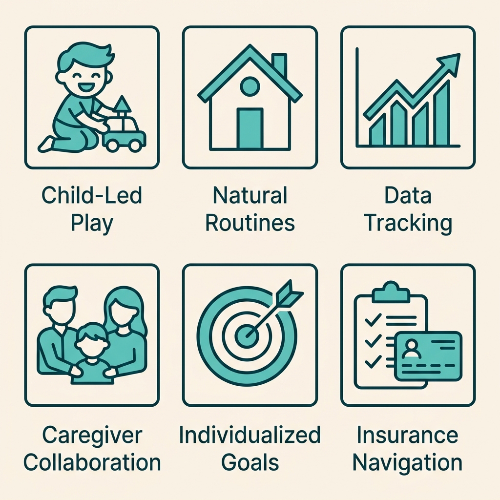 Icon set showing best practices for ABA therapy in Durham, North Carolina: child-led play, natural routines, data tracking, caregiver collaboration, individualized goals, and insurance navigation