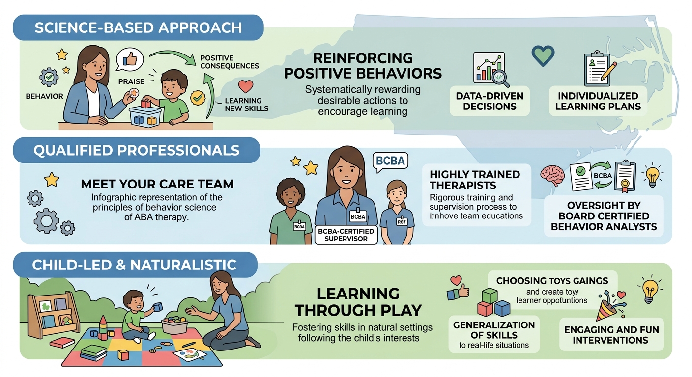 Infographic showing core elements of ABA therapy for families in Durham, North Carolina, with sections for science-based approach, qualified professionals, and child-led therapy