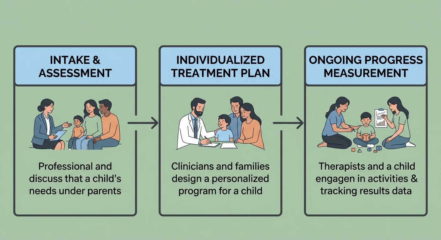 Three-stage ABA therapy process flow showing Intake and Assessment, Individualized Treatment Plan, and Ongoing Progress Measurement with connected arrows