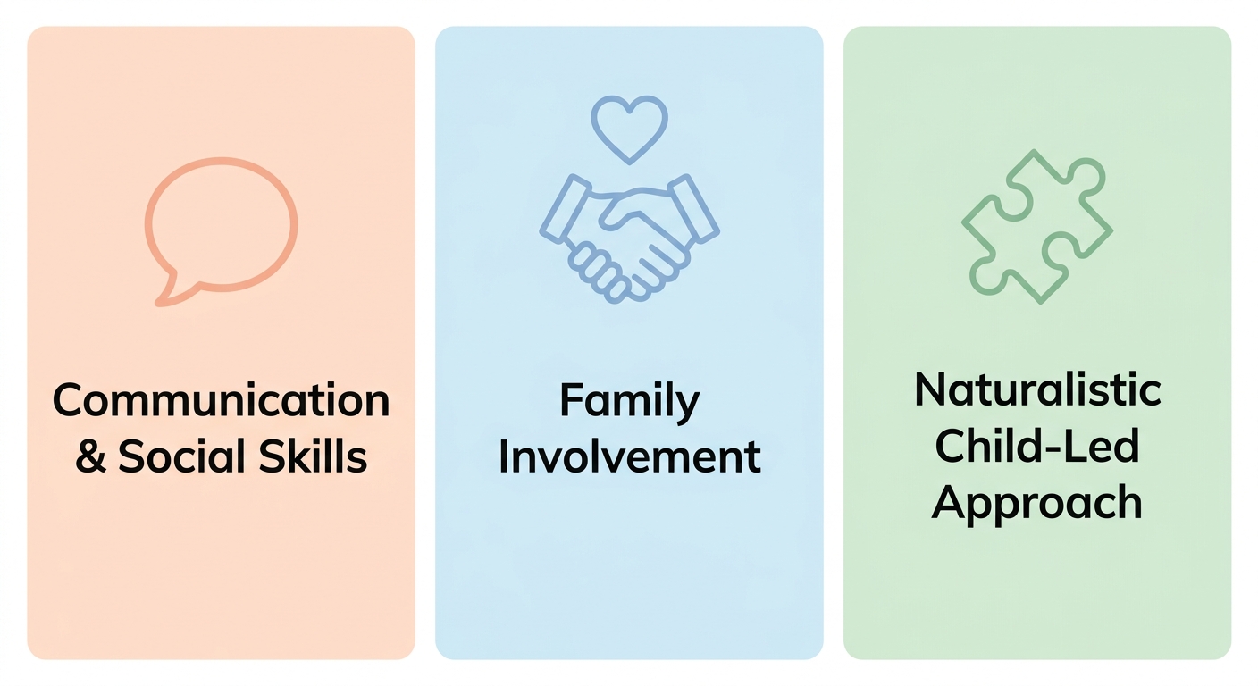 Infographic showing three benefits of ABA therapy for families in Raleigh: speech bubble for communication and social skills, handshake heart for family involvement, and puzzle piece for naturalistic child-led approach.