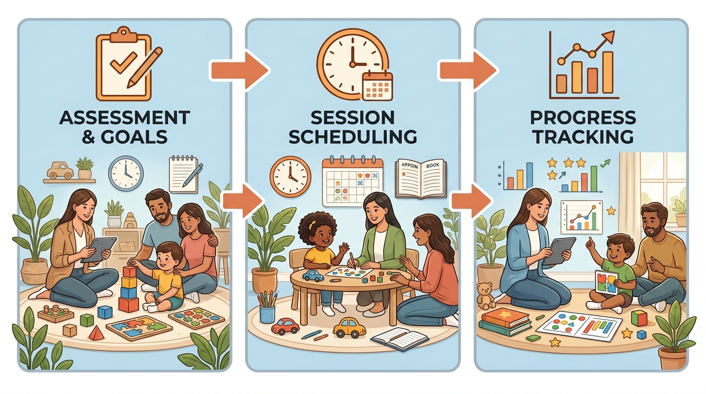 Three-stage horizontal process flow diagram illustrating the ABA therapy journey: Assessment and Goal Setting, Session Frequency and Scheduling, and Ongoing Progress Tracking