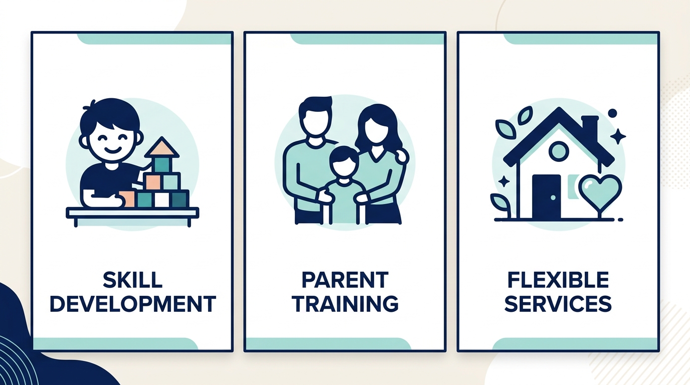Three-panel infographic showing key benefits of ABA therapy in Raleigh: skill development and positive behavior, parent training and family support, and flexible service settings. Each panel uses icons and bullet highlights in a clean, warm blue and green palette.