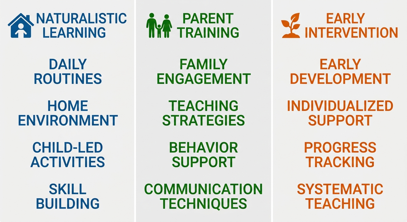 Infographic showing three columns with icons for naturalistic learning, parent training and family integration, and early intervention and long-term gains for in-home ABA therapy.