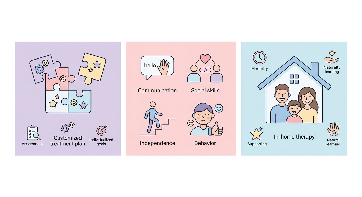 A clean three-panel infographic showing the key benefits of ABA therapy: customized treatment plans on the left, four measurable outcomes at center, and in-home family therapy on the right, with pastel colors and no text.