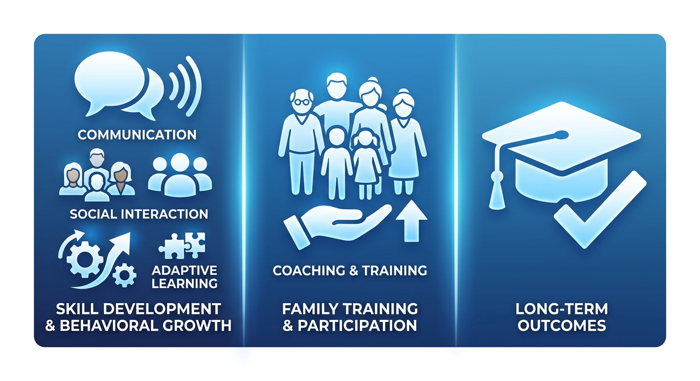 Visual guide showcasing three benefits of ABA therapy for families in Athens, Georgia: Skill Development, Family Training, and Long-Term Outcomes.
