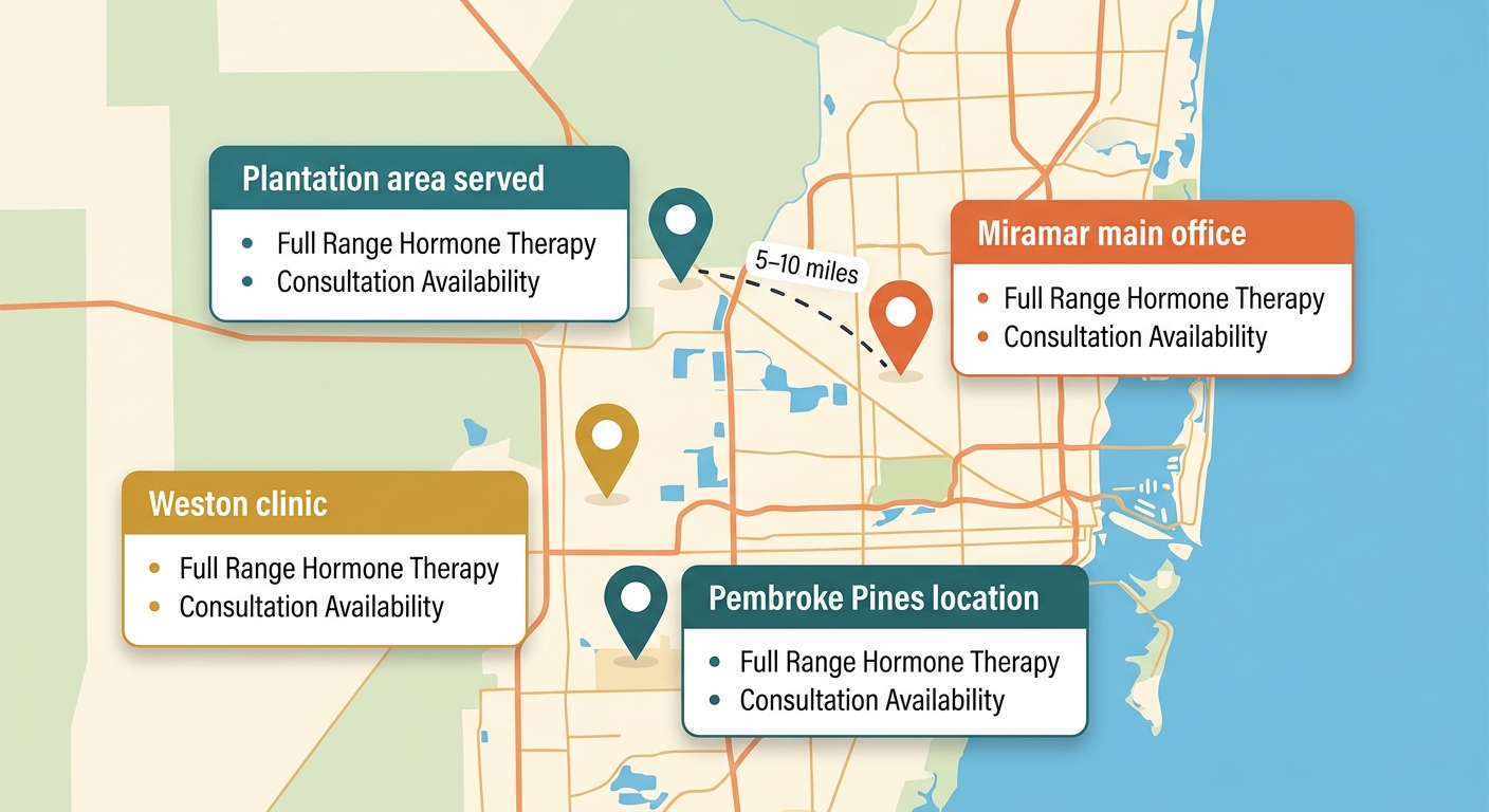 Infographic map of South Florida showing clinic locations for hormone therapy care.