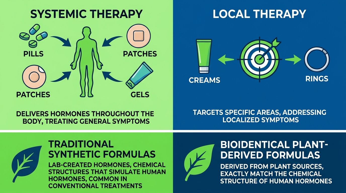 Split infographic illustrating hormone therapy options with systemic therapy on left and local therapy on right, featuring color-coded boxes and a bottom section comparing synthetic versus bioidentical formulas.