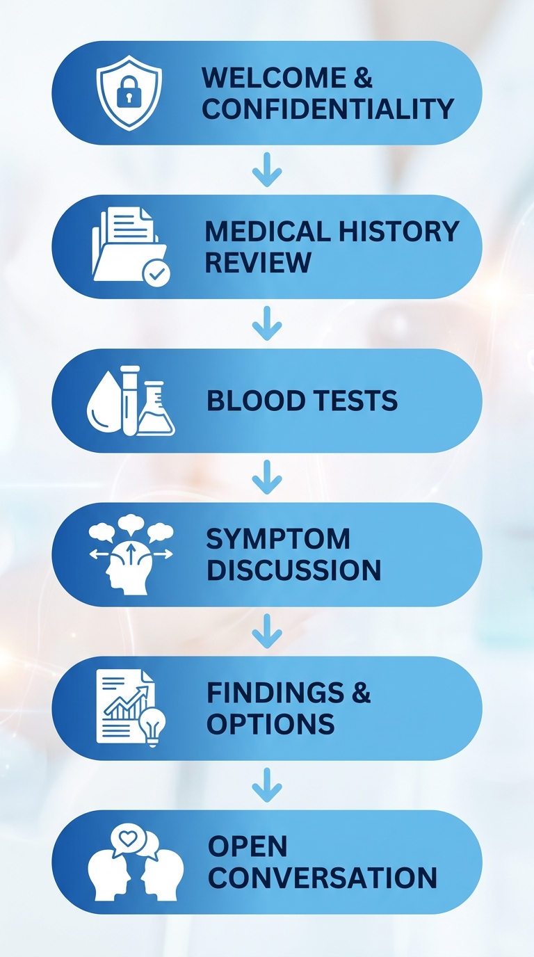 Six-step vertical process flow showing a first hormone appointment pathway, from welcome through open conversation, with icons and blue gradient rectangles connected by downward arrows.