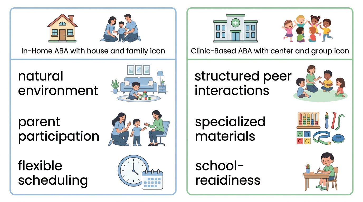 Two-column infographic comparing In-Home and Clinic-Based ABA Therapy in Durham, North Carolina