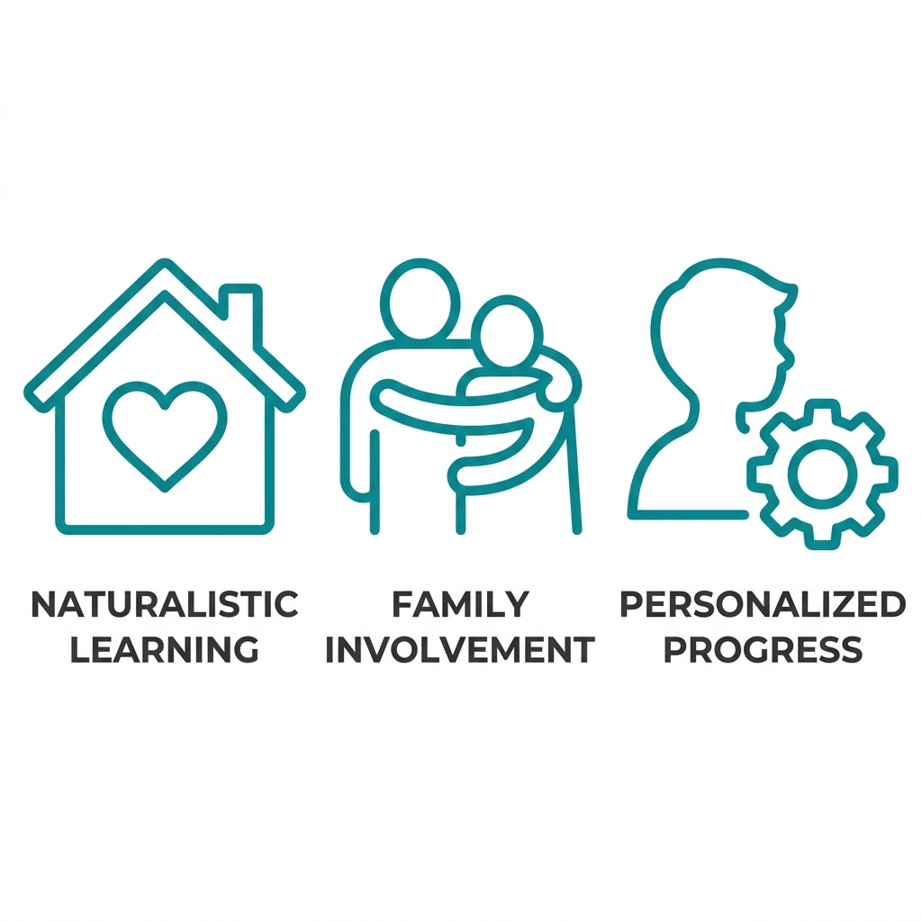 Three teal outline icons: home with heart for naturalistic learning, embracing people for family involvement, child with gear for personalized progress