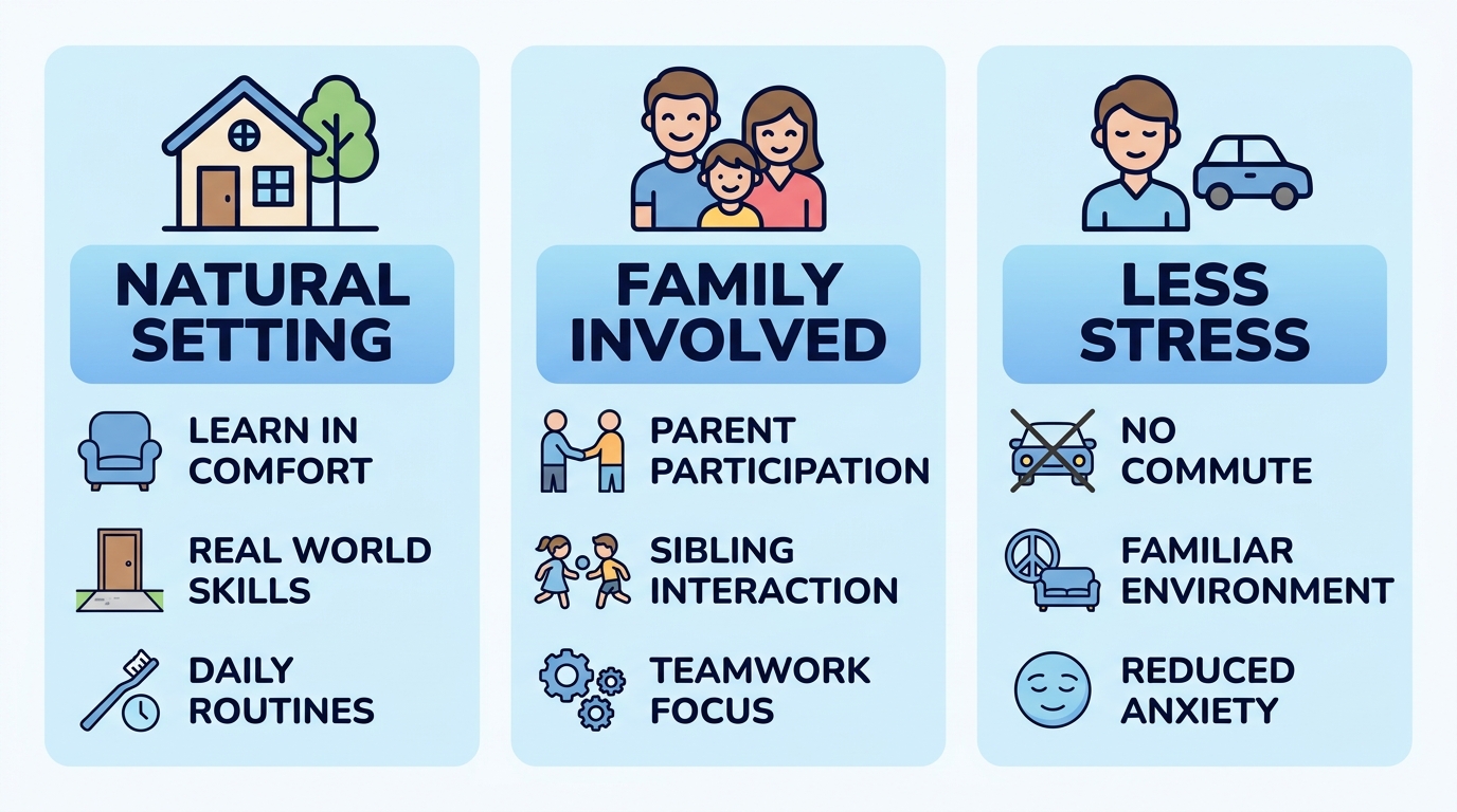 Infographic highlighting three key benefits of in-home ABA therapy with icons for home, family, and car.
