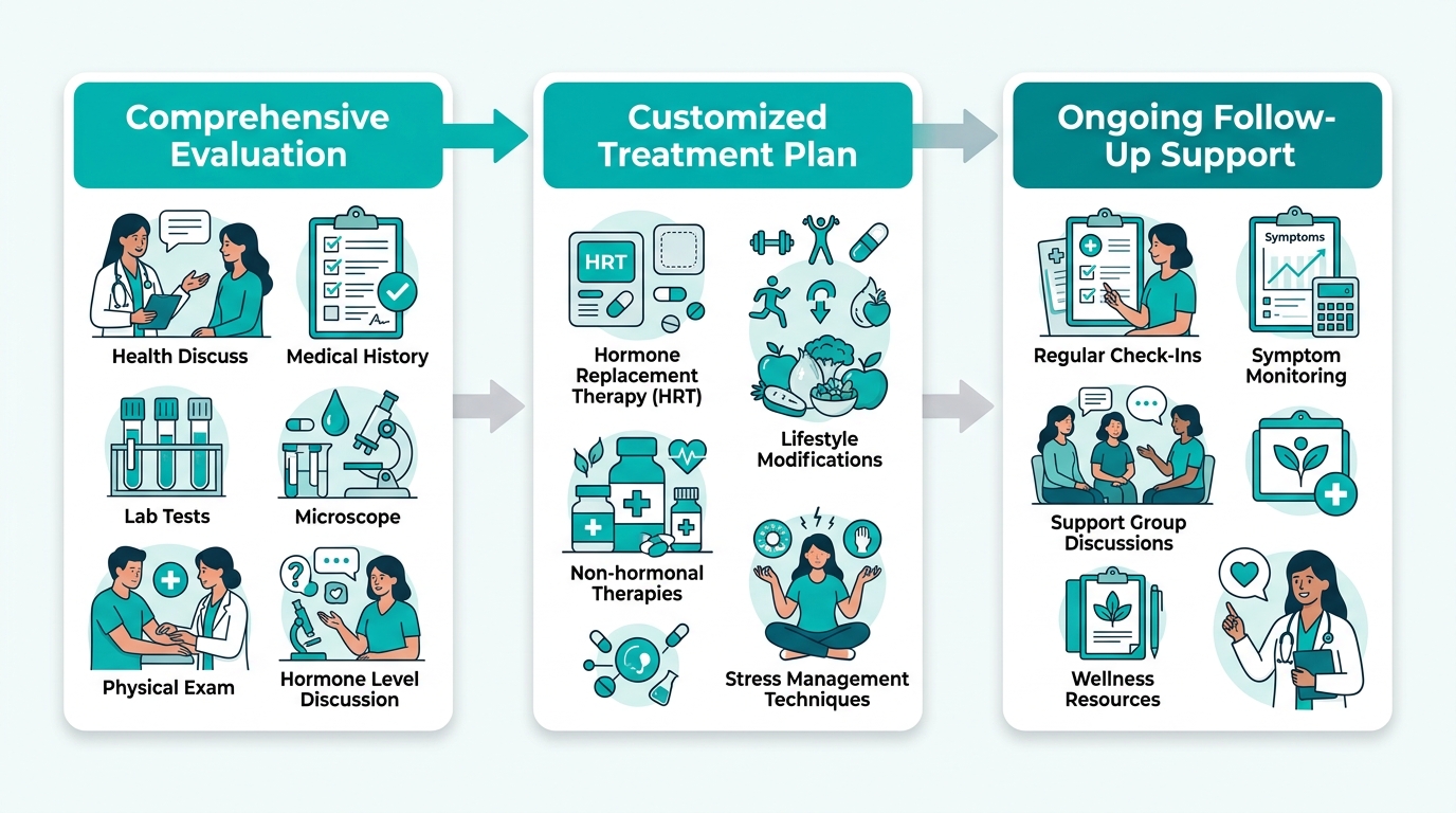 Horizontal three-step process flow diagram for personalized menopause care