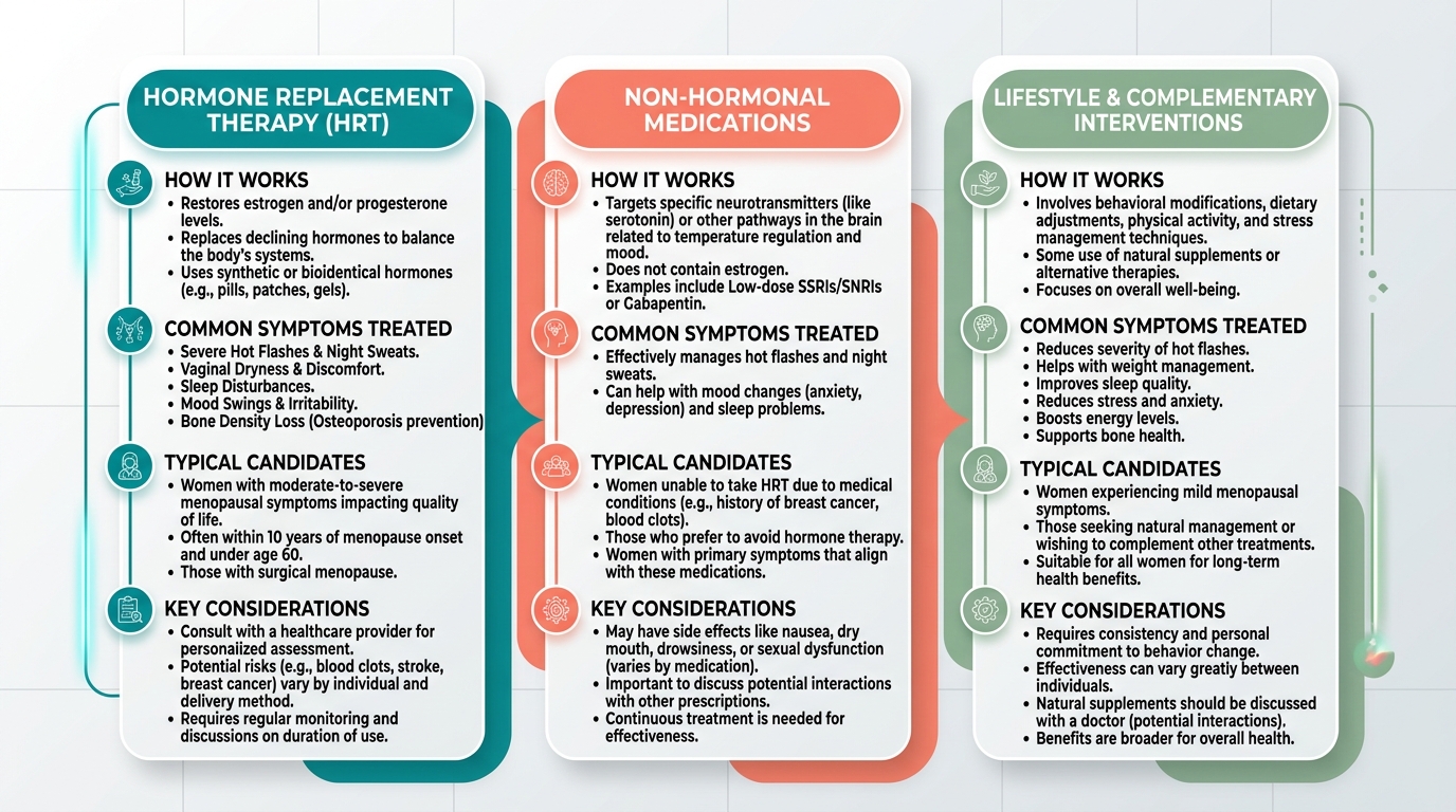 Three-column infographic comparing HRT, non-hormonal medications, and lifestyle interventions for menopause care, with teal, coral, and sage color accents.