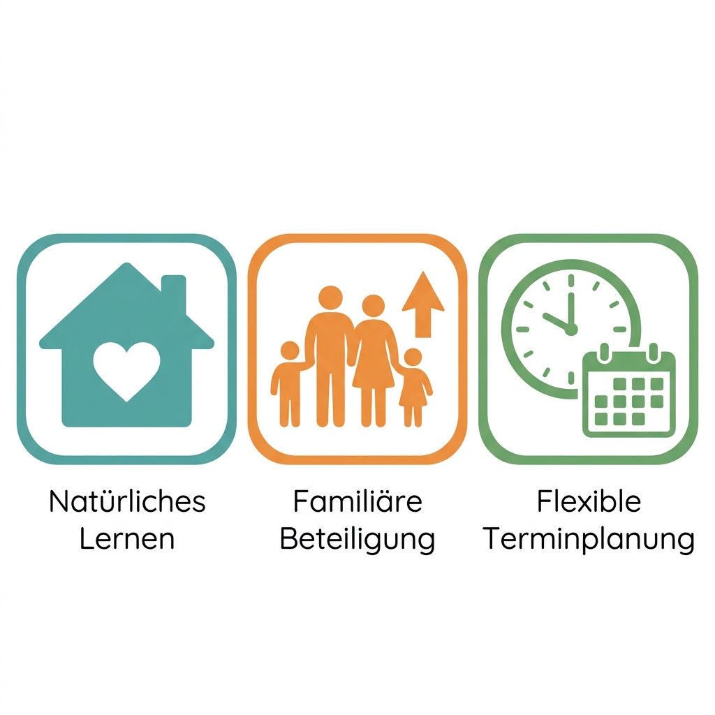 Icon set showing a house with a heart for natural learning, a family silhouette with an upward arrow for family involvement, and a clock with a calendar for flexible scheduling, labeled in a clean sans-serif style.