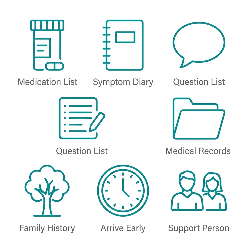 Seven icons for preparing for a menopause specialist visit: medication list, symptom diary, question list, medical records, family history, arriving early, support person