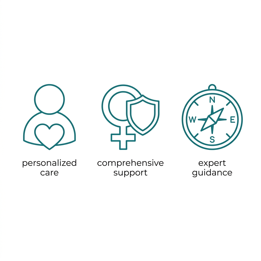 Set of three medical benefit icons showing personalized care, comprehensive vaginal health, and expert guidance