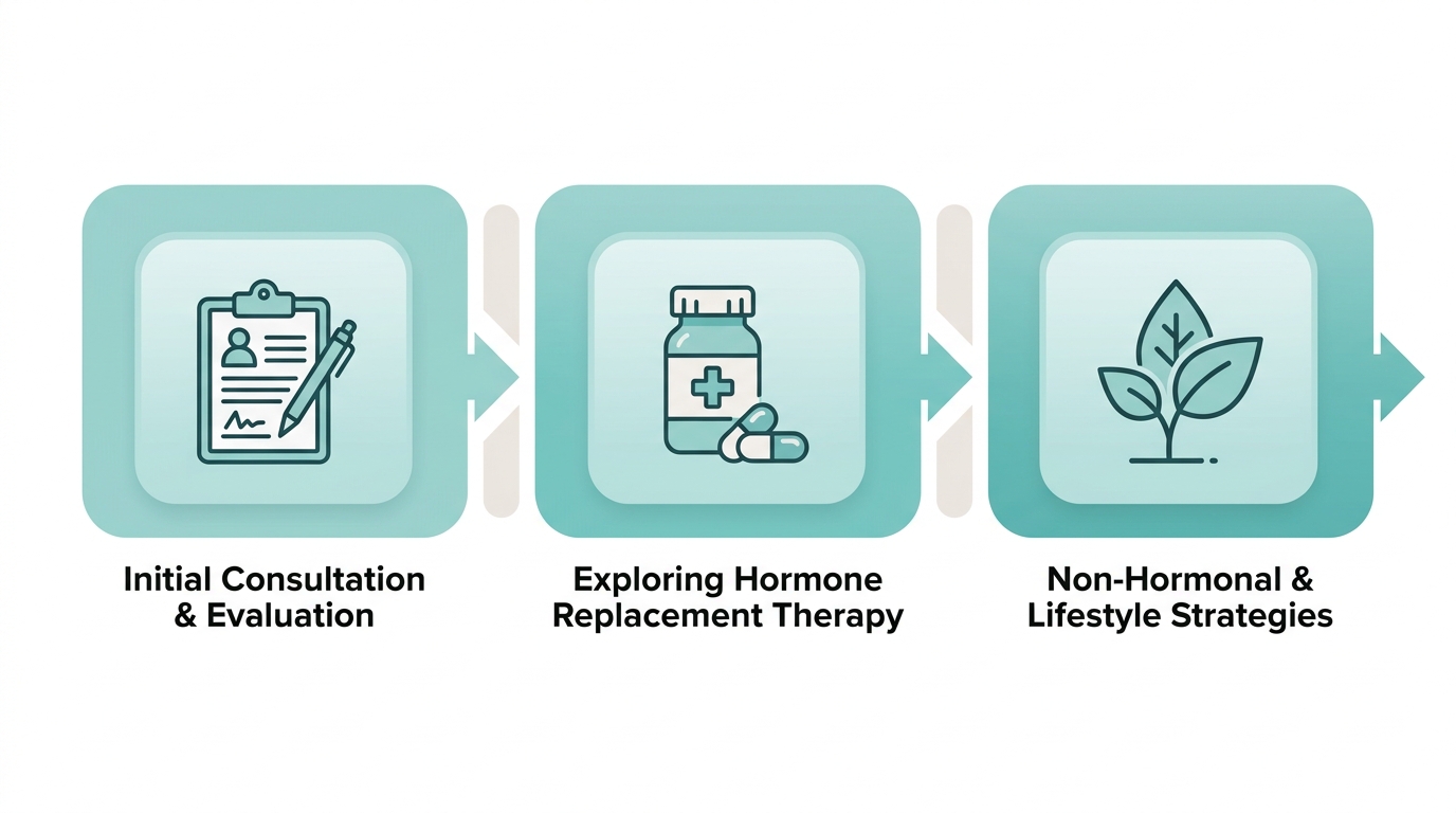 Menopause treatment plan process flow showing three stages from consultation to non-hormonal strategies