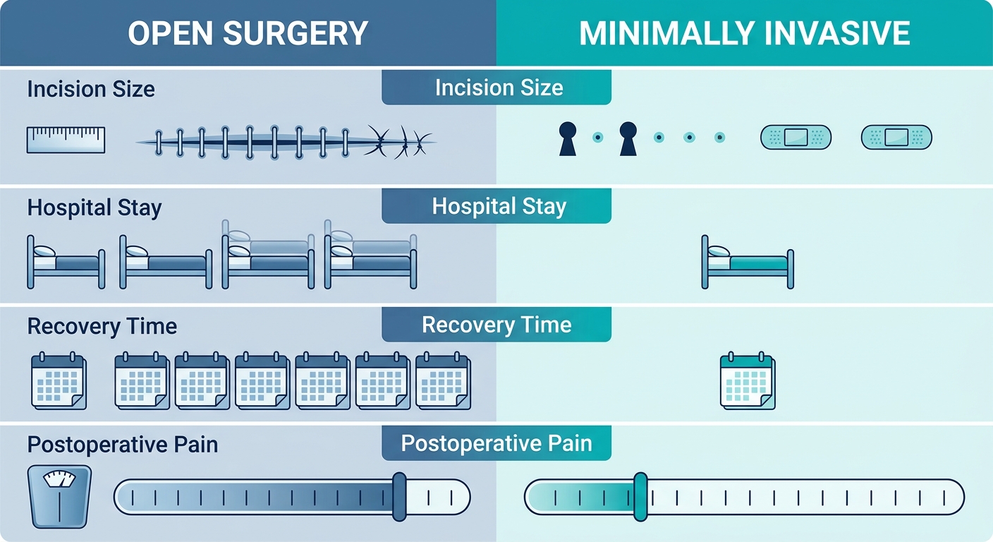 professional comparison infographic contrasting traditional open surgery versus minimally invasive robotic surgery for endometriosis