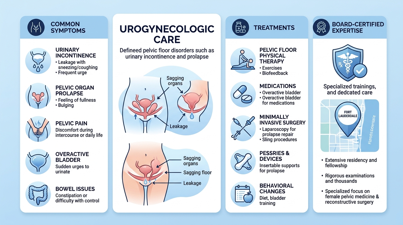 Infographic explaining urogynecologic care with three columns: conditions, treatments, and expertise.