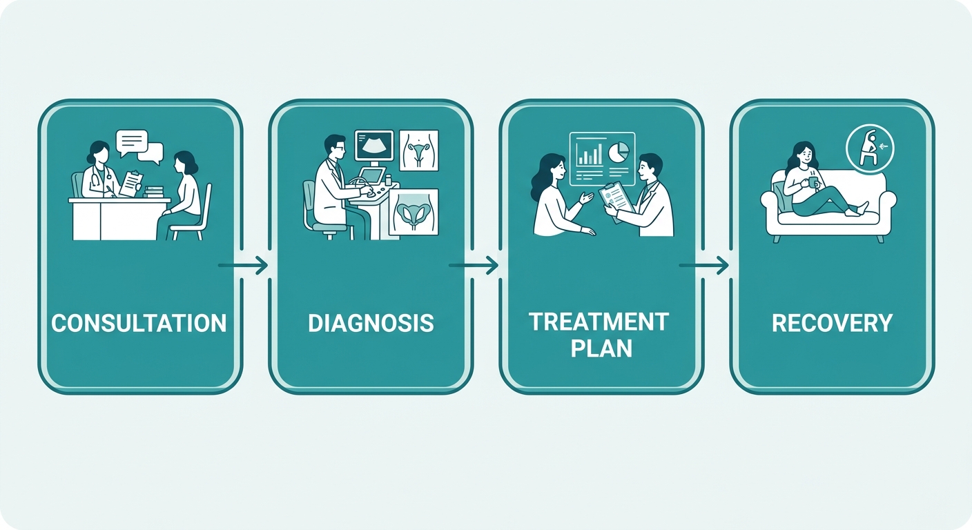 Four-step medical process flow from consultation to recovery for urogynecologic care, with connected rounded teal boxes and arrows.
