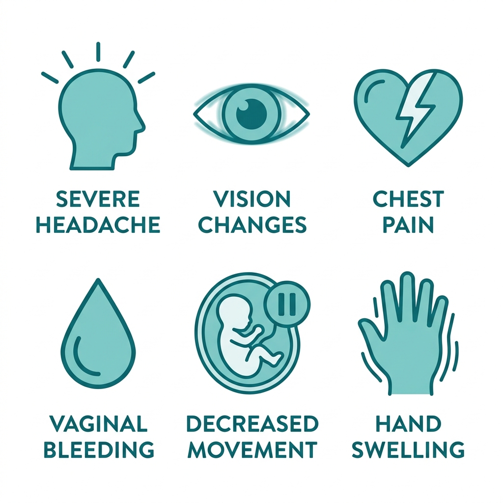Medical icon grid showing six urgent pregnancy symptoms: severe headache, vision changes, chest pain, vaginal bleeding, decreased fetal movement, and swelling. Each icon has a text label underneath for clear identification.