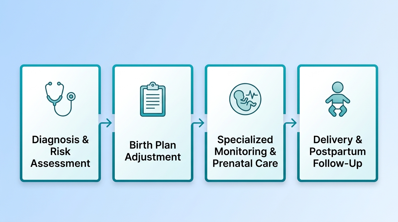 Horizontal process-flow diagram showing four stages of high-risk pregnancy care: Diagnosis & Risk Assessment, Birth Plan Adjustment, Specialized Monitoring & Prenatal Care, Delivery & Postpartum Follow-Up. Connected by arrows with teal icons.