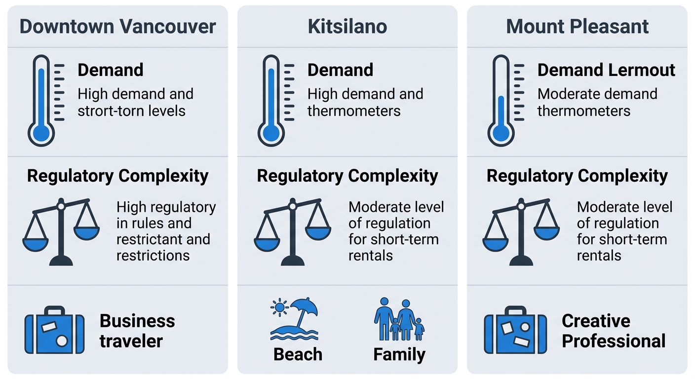 Vancouver neighbourhood infographic comparing Downtown very high demand high complexity, Kitsilano high demand moderate complexity, Mount Pleasant moderate demand moderate complexity with thermometer scale and suitcase icons