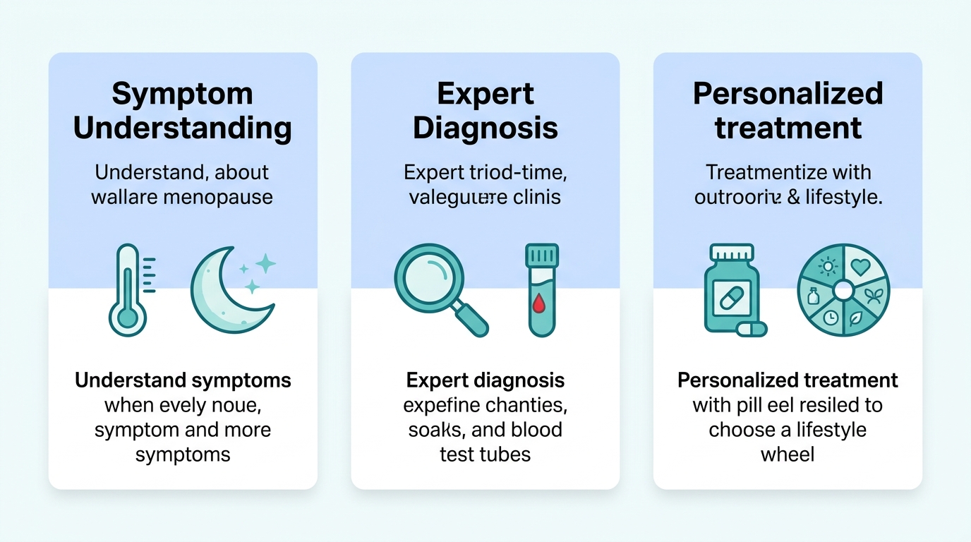 Infographic with three columns showing symptom understanding, expert diagnosis, and personalized treatment for menopause care