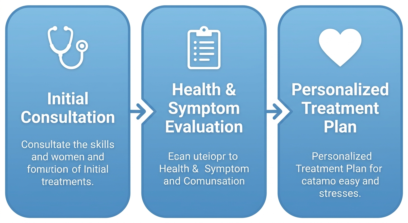 Three-step menopause consultation process flow with initial consultation, health and symptom evaluation, and personalized treatment plan stages