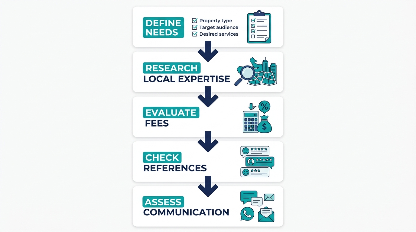 Vertical process flow showing five steps to choose a short-term rental partner: Define Needs, Research Local Expertise, Evaluate Services & Fees, Check References, and Assess Communication, with downward arrows connecting each step.