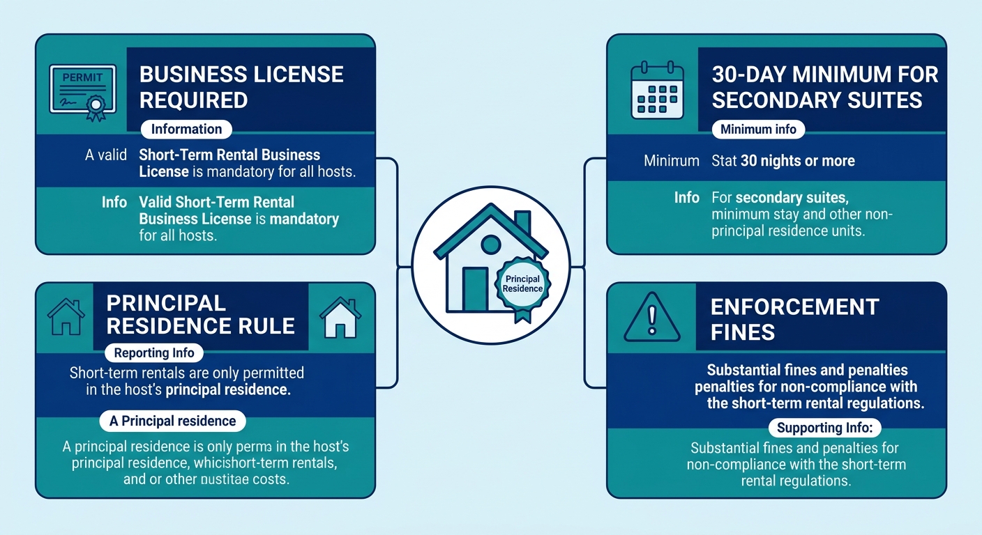 Infographic breaking down Vancouver short-term rental regulations with four data panels