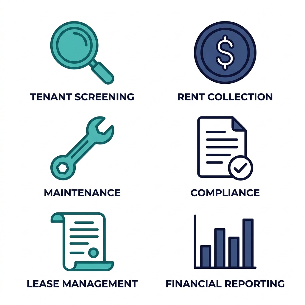 Icon set showing six professional outlined icons on a clean white background representing property management services: tenant screening, rent collection, maintenance coordination, compliance management, lease management, and financial reporting.