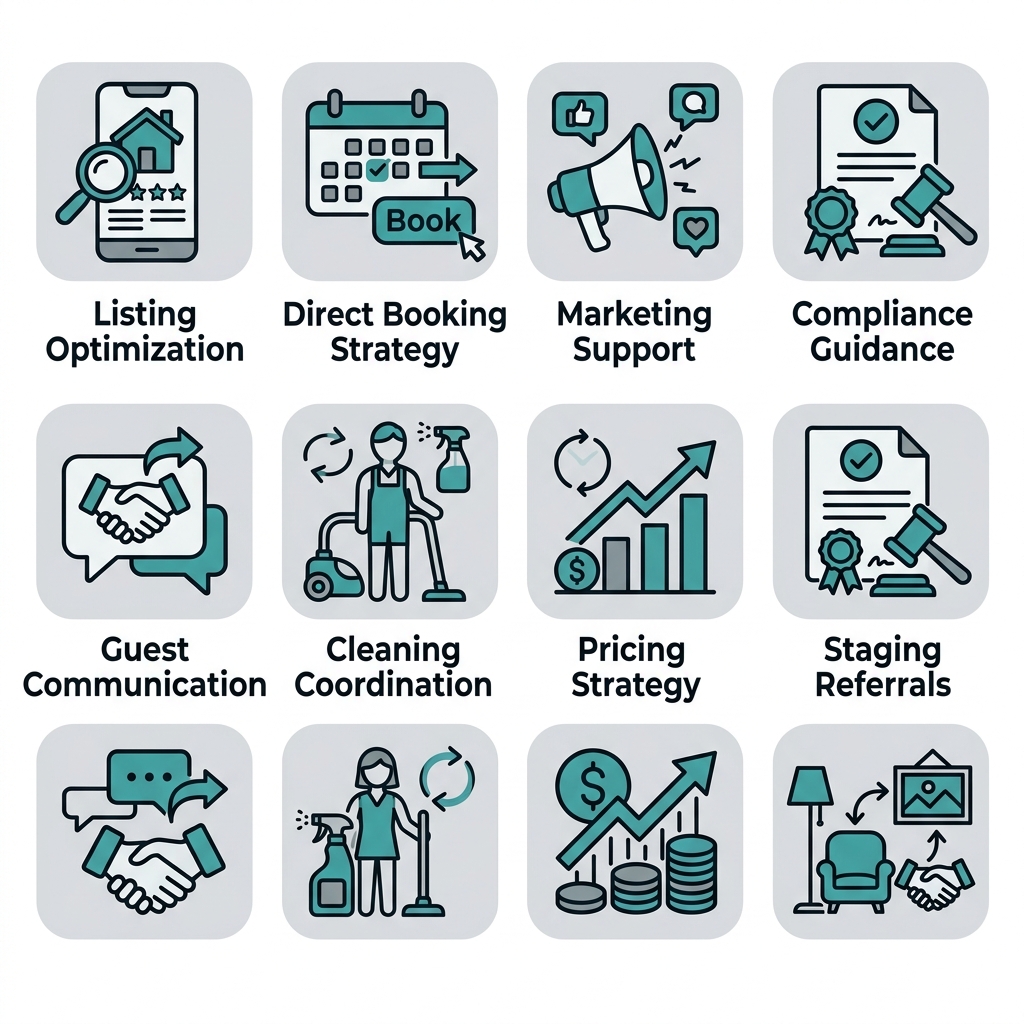 Icon set showing eight consulting services from Georgia Properties: listing optimization, direct booking strategy, marketing support, compliance guidance, guest communication, cleaning coordination, pricing strategy, and staging referrals, arranged in a 4x2 grid.