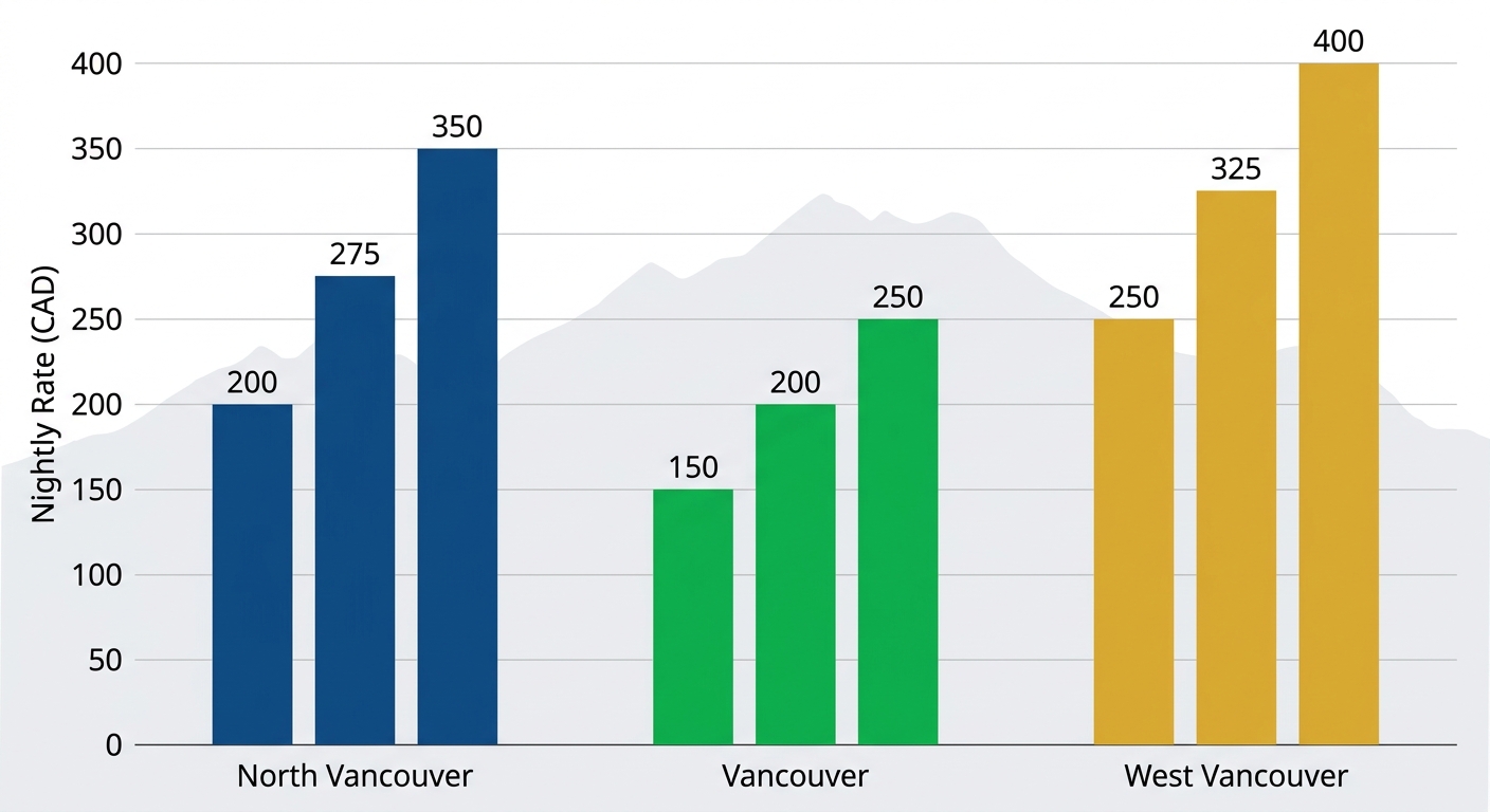 Grouped bar chart comparing nightly rates for short-term rentals in North Vancouver ($200-$350), Vancouver ($150-$250), and West Vancouver ($250-$400)