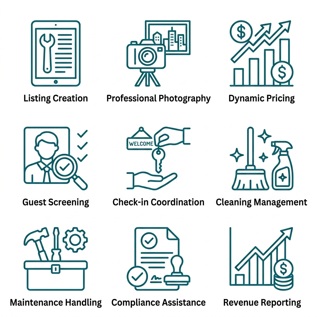 Icon set grid of 9 Airbnb management services: listing creation, professional photography, dynamic pricing, guest screening, check-in coordination, cleaning management, maintenance handling, compliance assistance, and revenue reporting. Minimalist teal outline style on white.