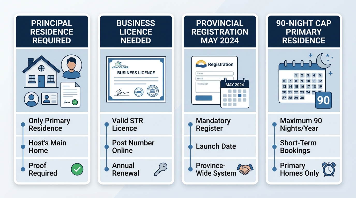 Infographic of Vancouver short-term rental regulations highlighting principal residence requirement, business licence, provincial registration, and 90-night cap