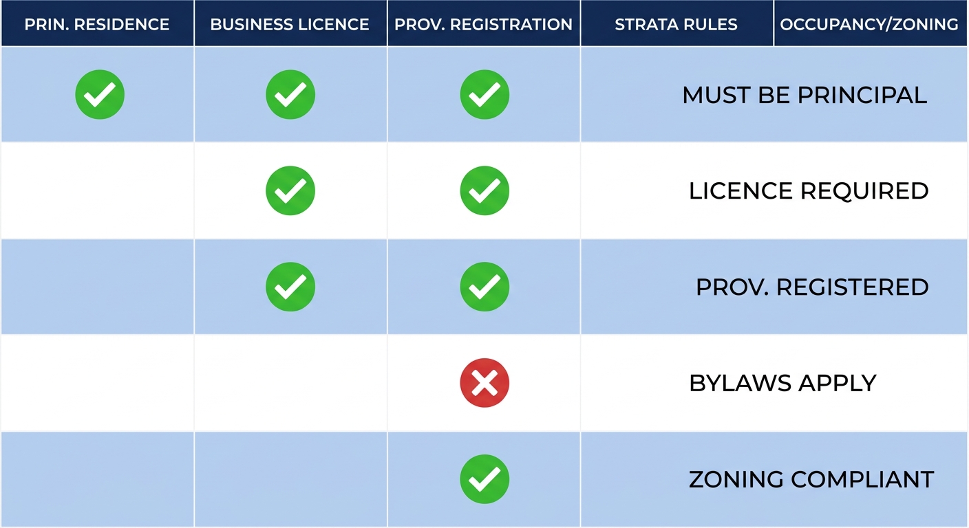 Side-by-side comparison table of Vancouver's key short-term rental rules displayed in a clean data visualization