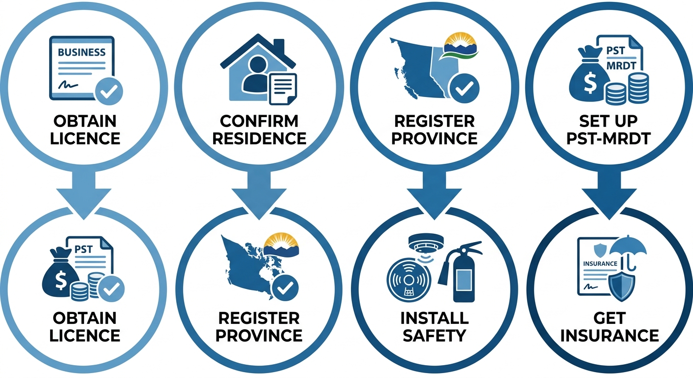 Vertical process-flow diagram illustrating the six steps to launch a compliant short-term rental in North Vancouver.