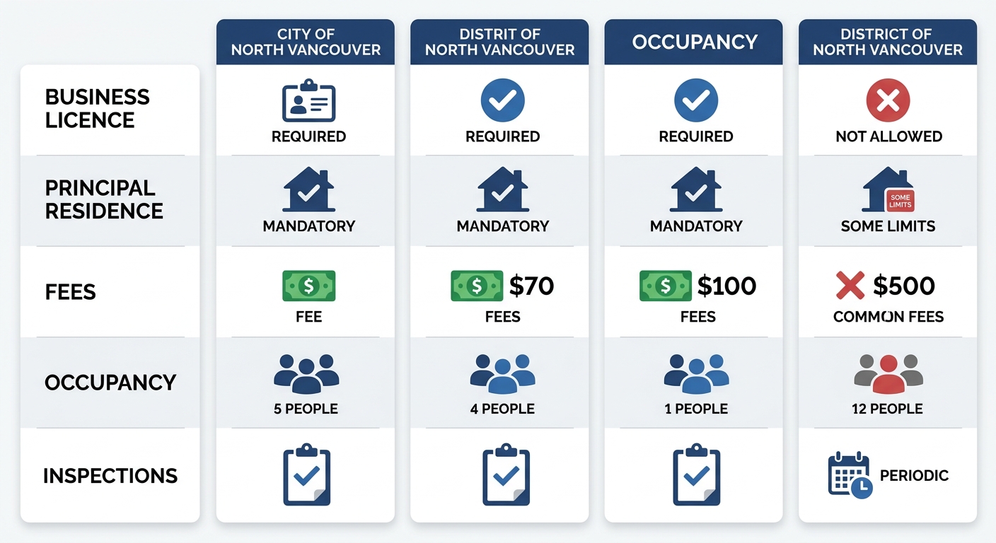 A side-by-side comparison infographic of City of North Vancouver versus District of North Vancouver short-term rental rules, with columns for Business Licence, Principal Residence, Fees, Occupancy, and Inspections using checkmarks, crosses, and 'varies' labels.