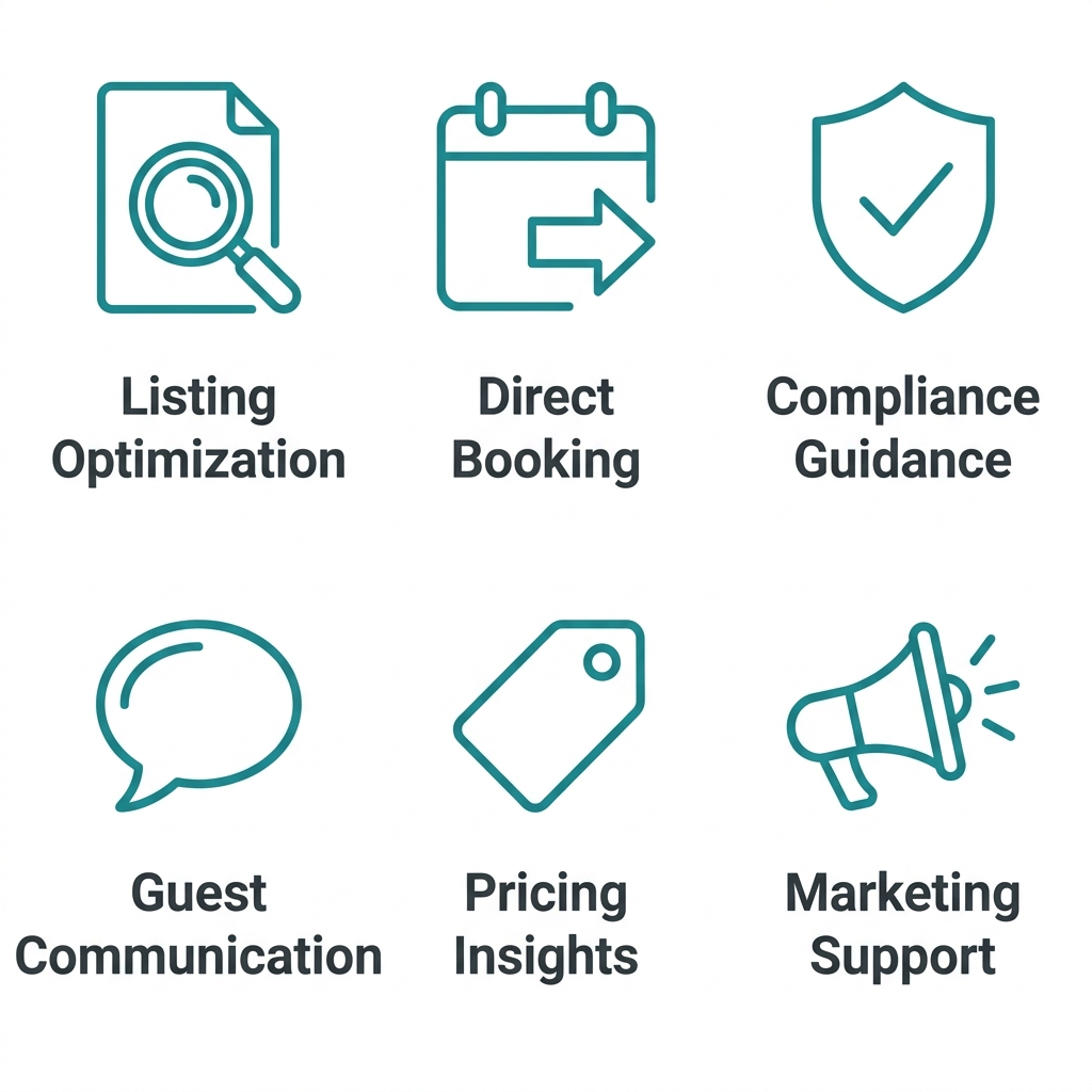 Icon set for consulting and marketing services: listing optimization, direct booking strategy, compliance guidance, guest communication, pricing insights, and marketing support for Vancouver short-term rental owners.