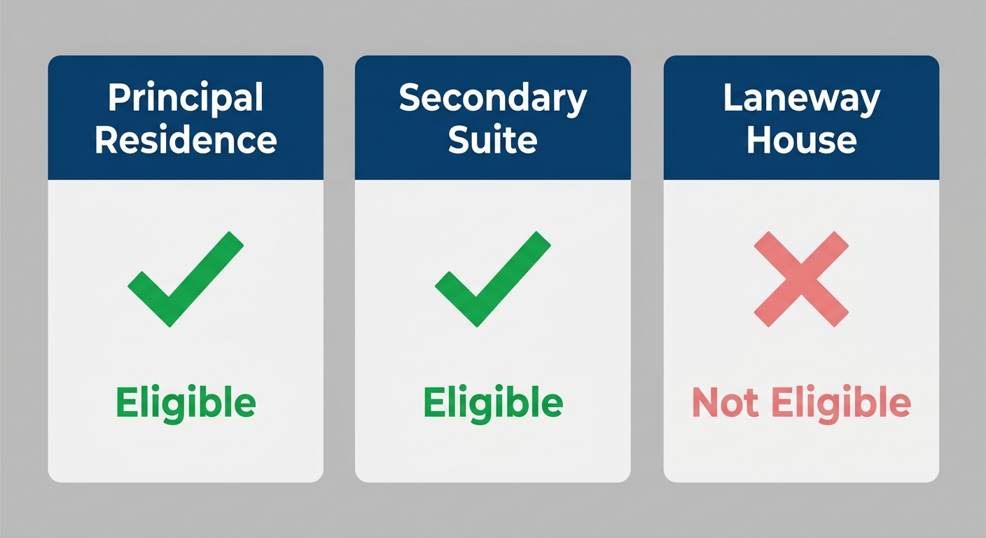 Infographic comparing short-term rental eligibility for principal residence, secondary suite, and laneway house in Vancouver with green checkmarks and red crosses.