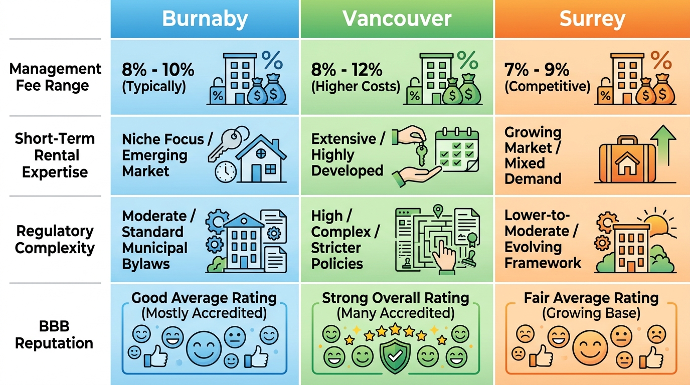 Three-column comparison infographic of Burnaby, Vancouver, and Surrey property management factors including management fees, short-term rental expertise, regulatory complexity, and BBB reputation.