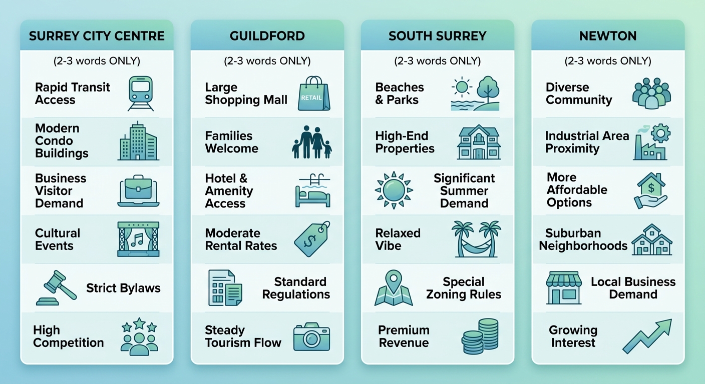Infographic comparing short-term rental demand and regulations across Surrey City Centre, Guildford, South Surrey, and Newton with qualitative labels and icons