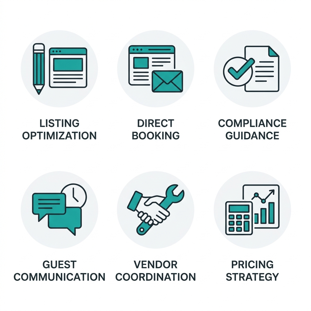 Icon set showing six consulting and marketing services for Surrey short-term rental hosts