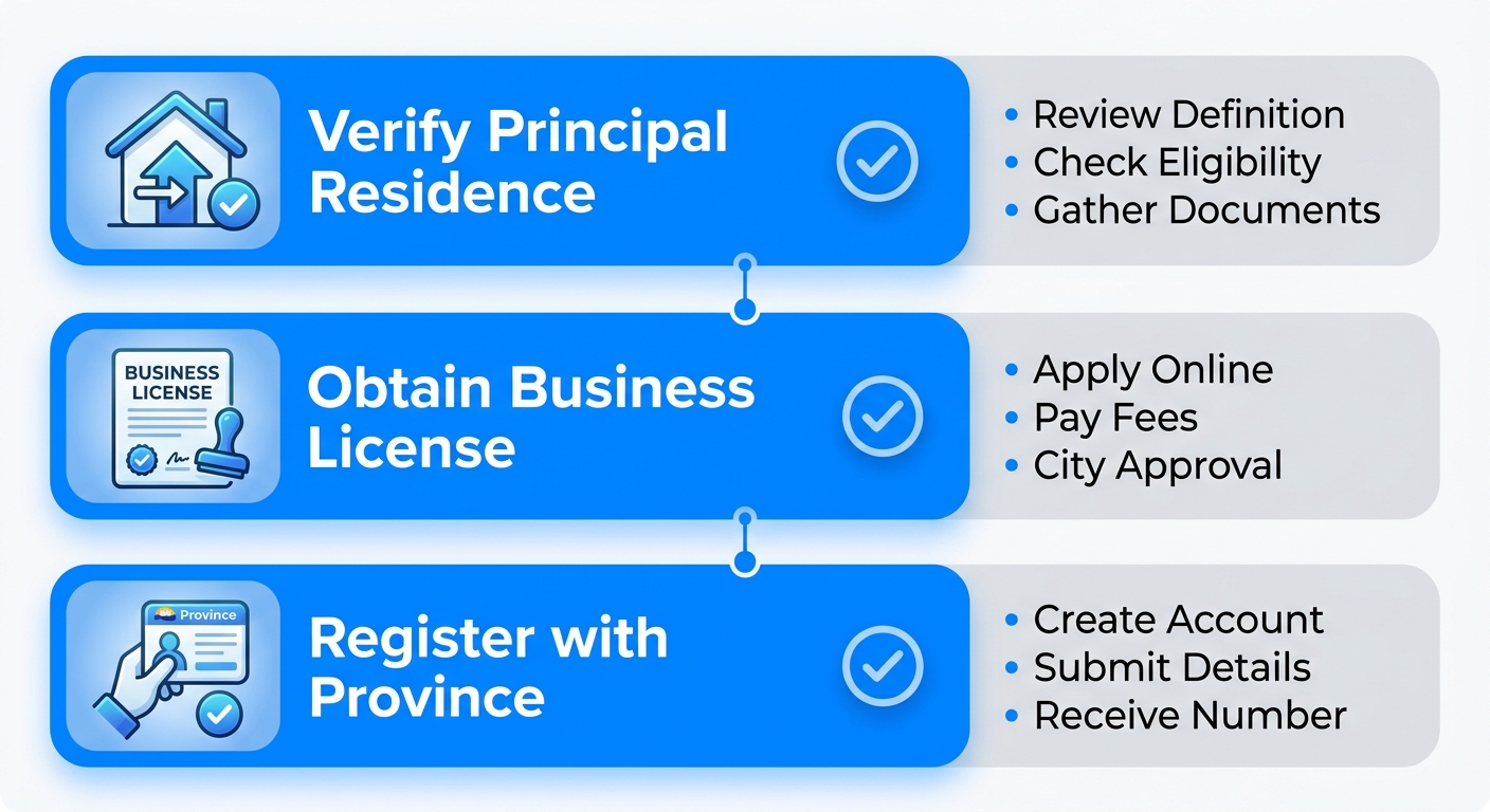Vertical flow chart showing three steps for Vancouver short-term rental compliance: verify principal residence, obtain business license, register with province.
