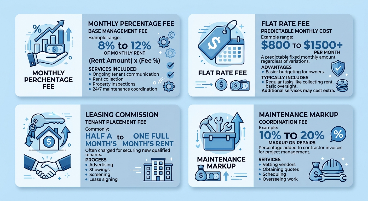 Infographic showing four property management cost components: monthly percentage fee, flat rate fee, leasing commission, and maintenance markup with icons on a blue-tone background.