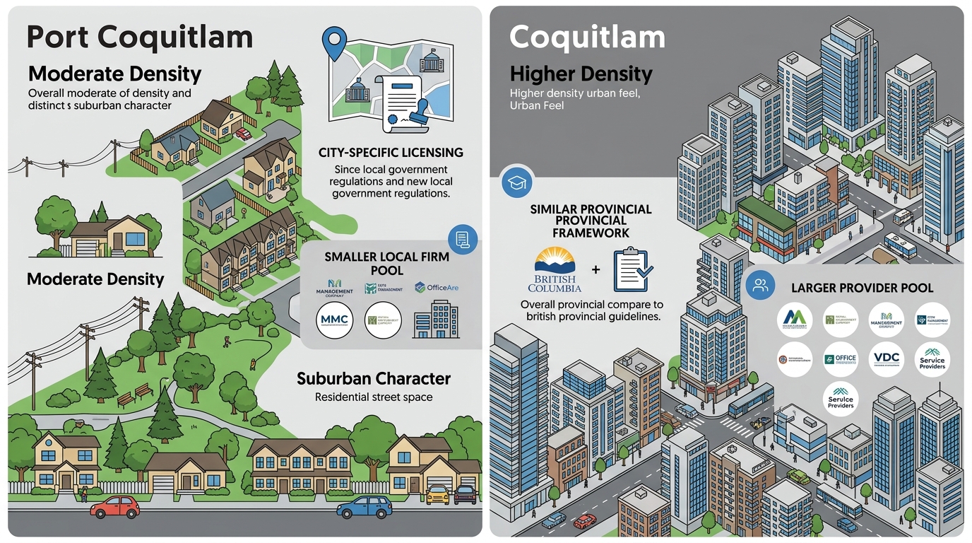 Side-by-side infographic comparing Port Coquitlam and Coquitlam short-term rental market characteristics with qualitative descriptors, clean icons, neutral greys, and subtle blue accents.